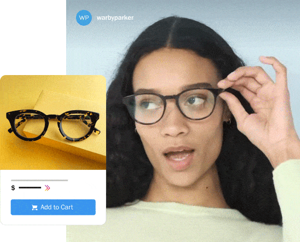 example of Instagram Shops of glasses from @warbyparker, featuring a smiling woman wearing glasses